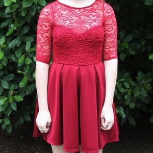 Trac Pleated Lace Skater Dress Red